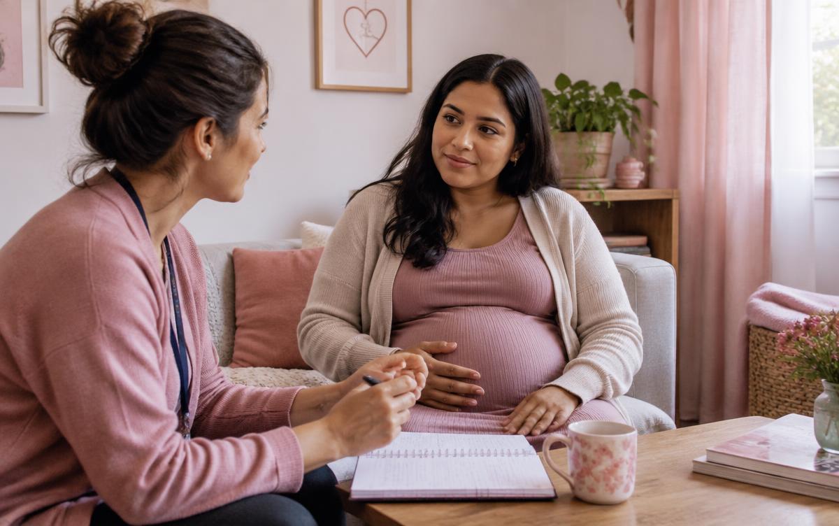 Doula conversando com uma gestante sentada no sofá durante encontro de preparação, com caderno de anotações sobre a mesa
