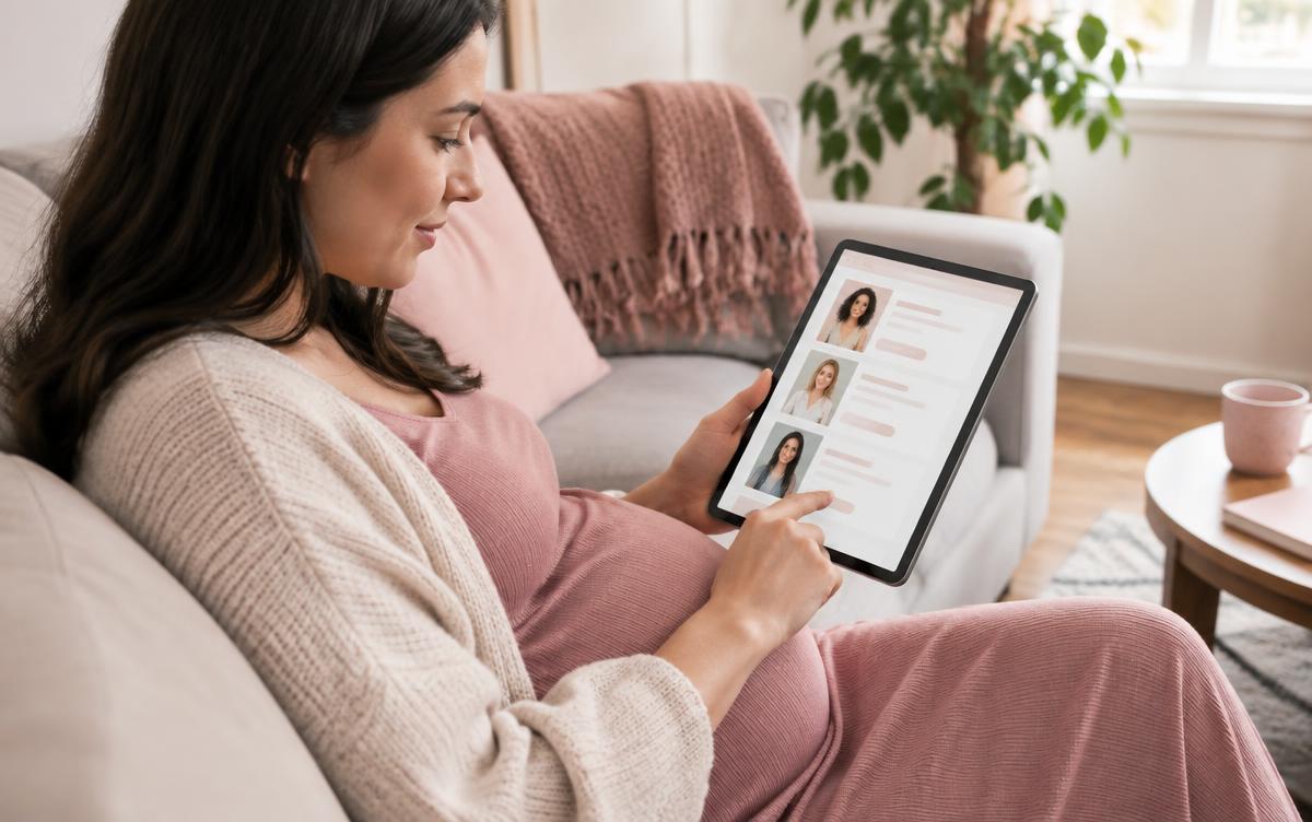 Gestante comparando perfis de doulas na tela de um tablet sentada no sofá de casa