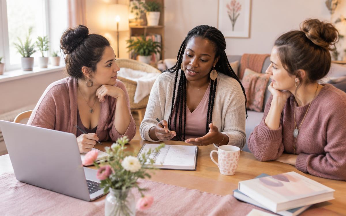 Três doulas de um coletivo reunidas à mesa planejando o acompanhamento de famílias