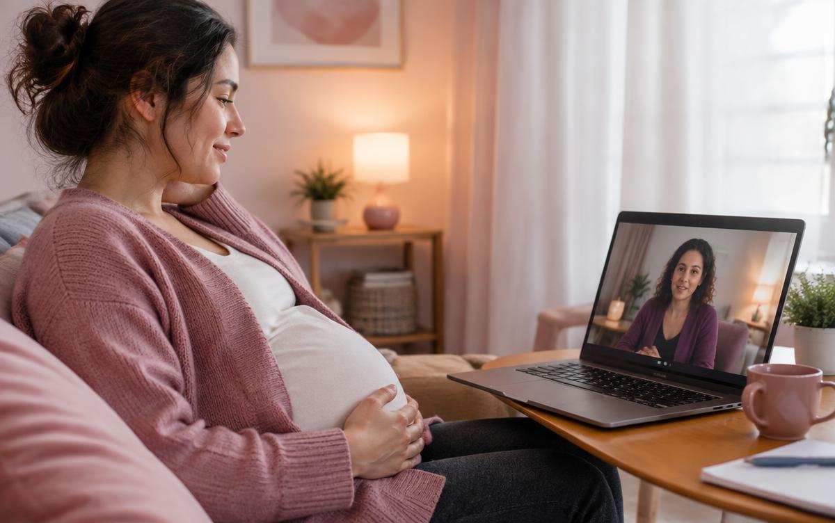 Gestante sentada no sofá participando de um encontro online com uma doula pela tela do notebook