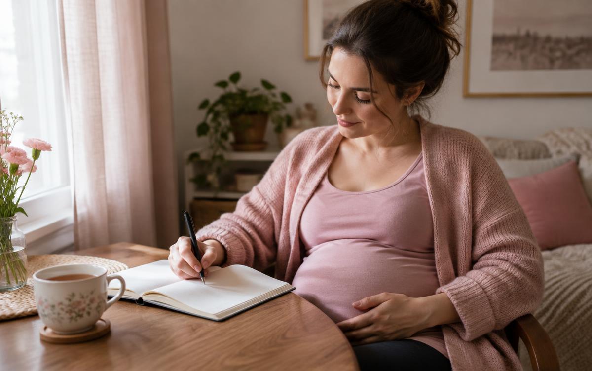 Gestante anotando perguntas em um caderno sobre a mesa, com xícara de chá ao lado, antes de conversar com uma doula